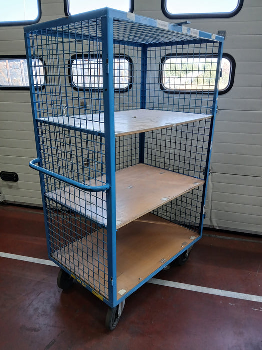 Etagewagen, blauw staal / hout, L x D x H 105 x 70 x 178 cm