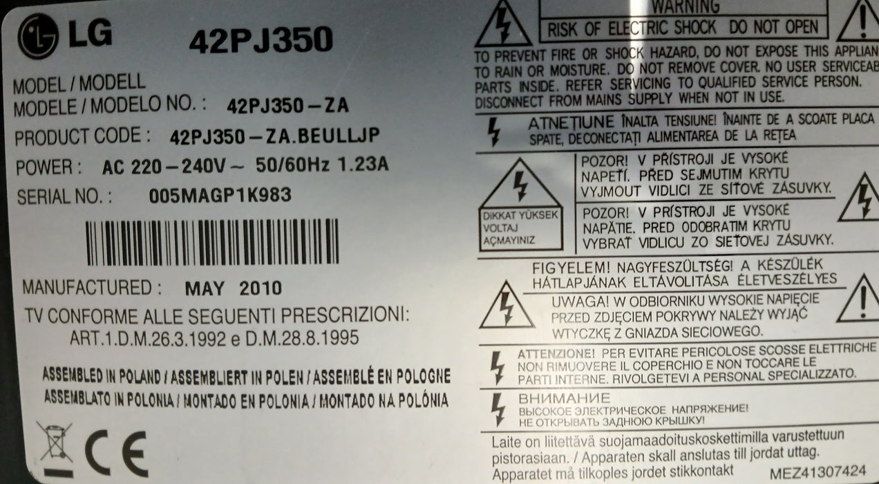 LG 42PJ350 zwart, 42 inch, zonder voet, wel afstandsbediening