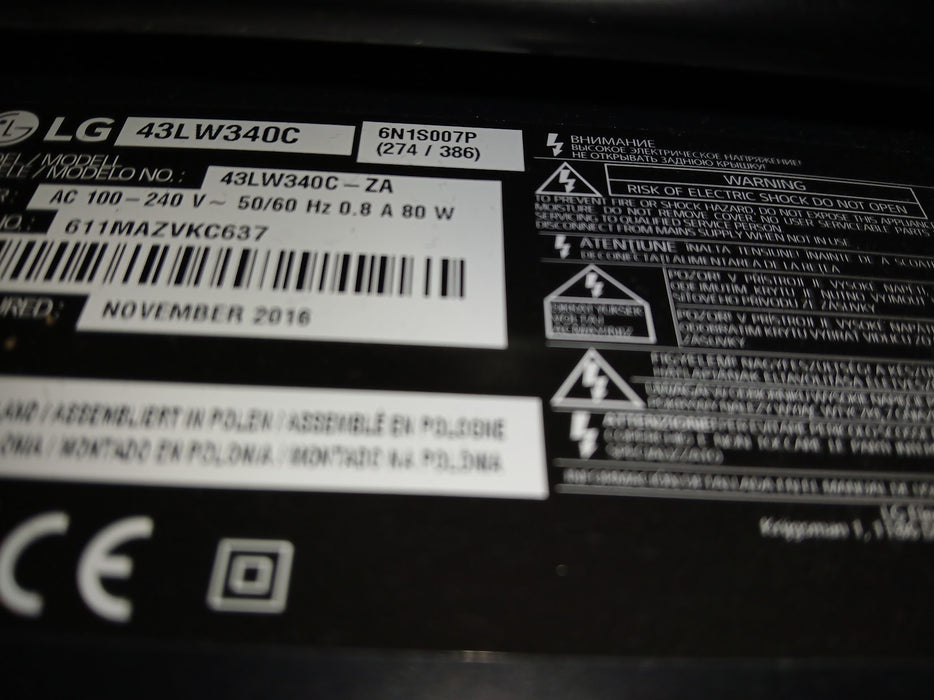 LG 43LW340C zwart, 43 inch, zonder voet, wel afstandsbediening