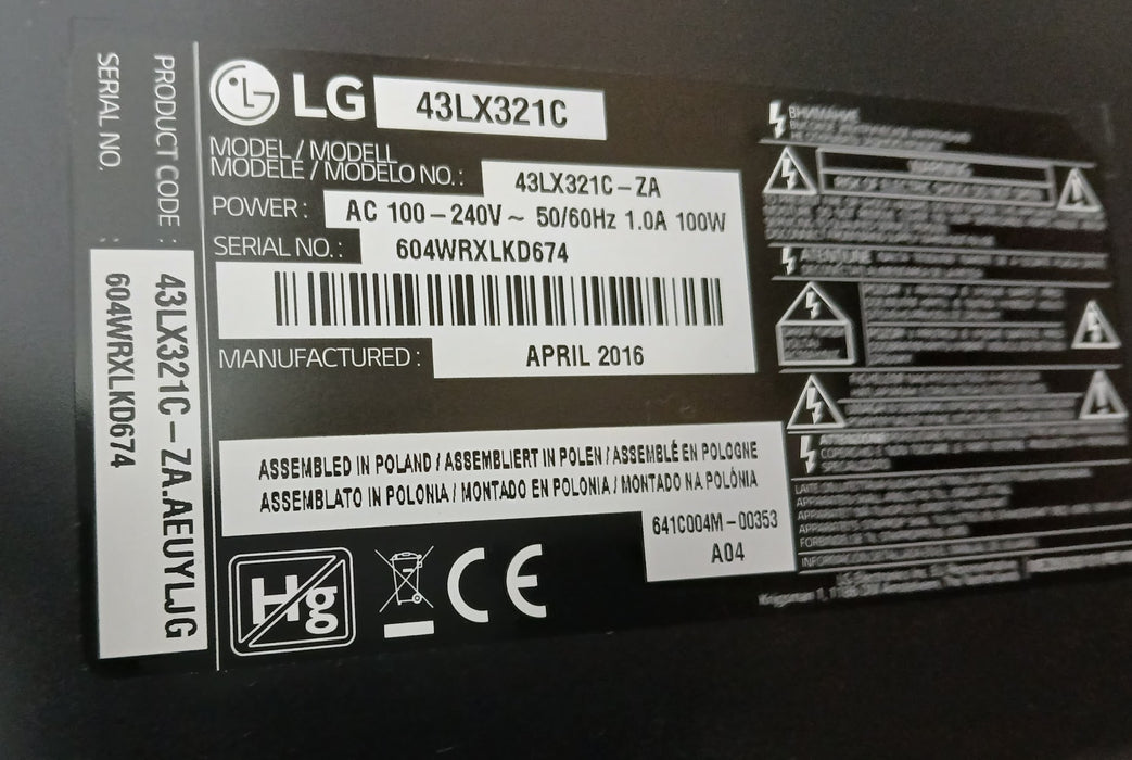 LG 43LX321C, zwart,43 inch, zonder voet en afstandsbediening.