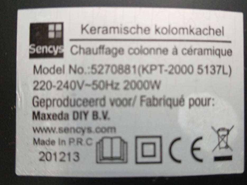 Sencys kolomventilator/kachel, zwart