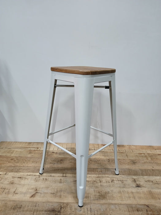 Tolix barkruk, wit staal / hout, B x D x H 43 x 43 x 75 cm
