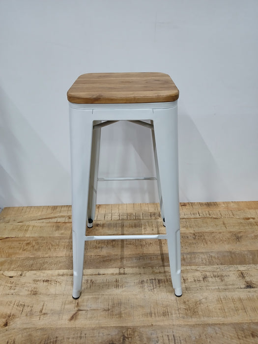 Tolix barkruk, wit staal / hout, B x D x H 43 x 43 x 75 cm