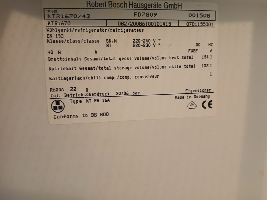 Bosch KTR 1670 koelkast, wit, 60 x 60 x 85 cm