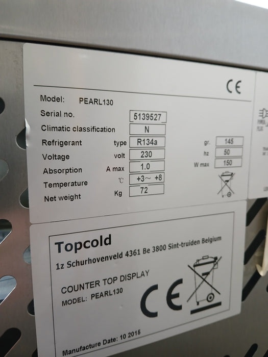 Topcold Pearl 130 koelvitrine, RVS/glas, 131 x 51 x 50 cm