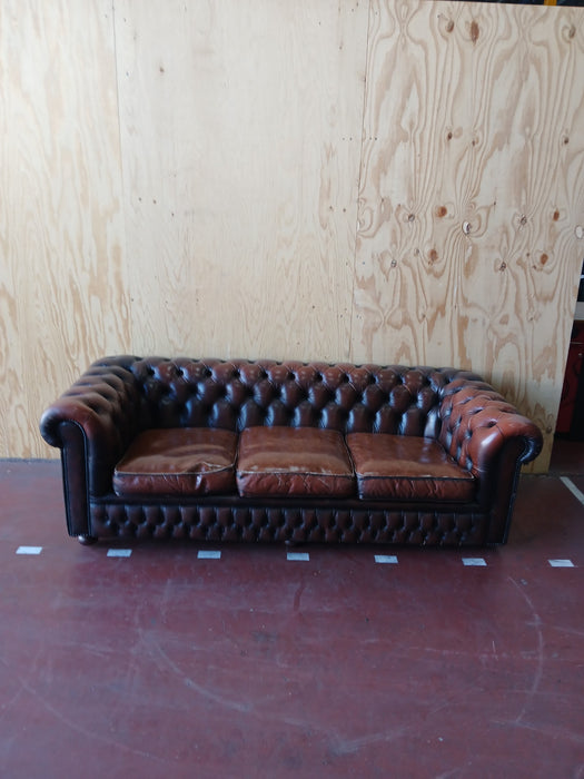 3-zits bank Chesterfield style, bruin leder, 210x90x70 cm