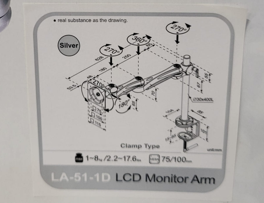 Monitorarm, Modernsolid LA-51-1, zilverkleur. NIEUW IN DOOS!!