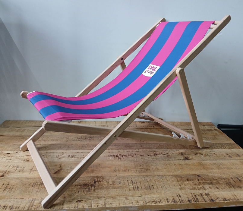 Inklapbare lig / strandstoel, ongebruikt, hout /stof bedrukt